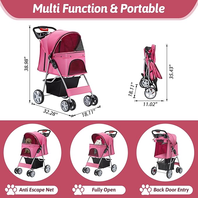 Azaeahom Pet Stroller, 4 Wheels Pet Strolling Cart for Medium/Small Dogs and Cats, Foldable Cat Jogger/Dog Stroller with Cup Holder, Storage Basket, Breathable Mesh, All-Season Pet Carrier, Pink