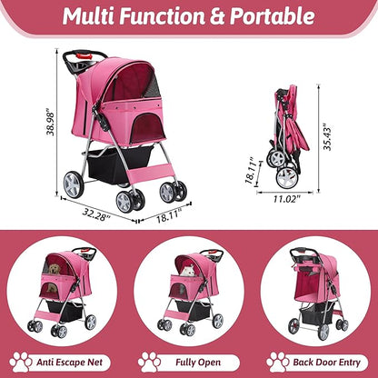 Azaeahom Pet Stroller, 4 Wheels Pet Strolling Cart for Medium/Small Dogs and Cats, Foldable Cat Jogger/Dog Stroller with Cup Holder, Storage Basket, Breathable Mesh, All-Season Pet Carrier, Pink
