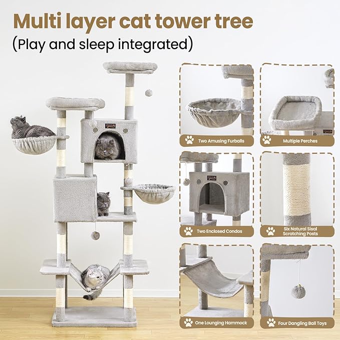 Large Cat Tree Tower for Indoor Cats Adult, 74.8 Inch Tall Multi-Level Kitty Condo with Scratching Posts, Perch, Hammock, Plush Bed for Big Cats, Modern Cat Furniture Heavy Duty (Light Grey)