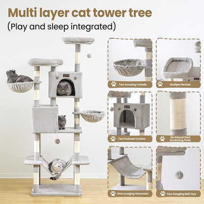 Large Cat Tree Tower for Indoor Cats Adult, 74.8 Inch Tall Multi-Level Kitty Condo with Scratching Posts, Perch, Hammock, Plush Bed for Big Cats, Modern Cat Furniture Heavy Duty (Light Grey)