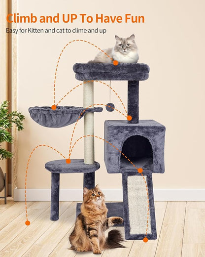 FISH&NAP Cute Cat Tree Kitten Cat Tower for Indoor Cat Condo Sisal Scratching Posts with Jump Platform Cat Furniture Activity Center Play House SmokyGrey