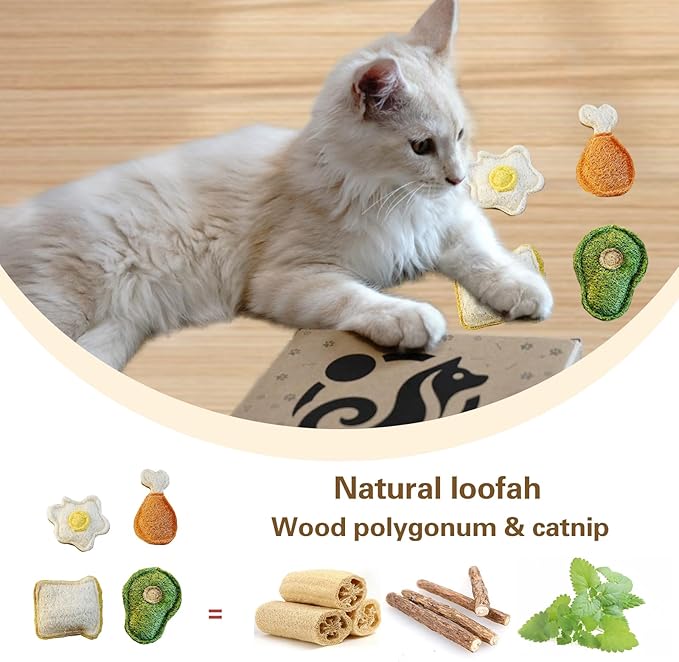 Loofah Chew Cat Toys with Catnip and SilverVine (Actinidia) for Kittens and Cats: Dental Care and Teething Comfort