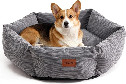 Petinstinct Medium Dog Bed, 30 Inch Washable Corduroy Dog Bed with Removable Cover & Anti-Slip Bottom, Durable Comfort for Medium to Large Dogs up to 45 lbs (Gray)