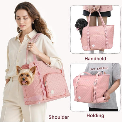 Pecute Dog Purse Carrier, Pet Carrier with Pockets for Small Dogs, Portable Small Dog Soft-Sided, Lightweight Dog and Puppies Tote Bag, Outing, Travel, Vet, Pink