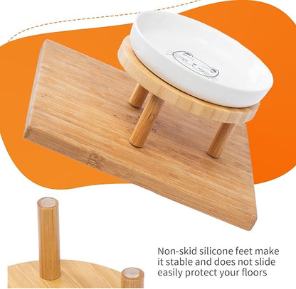 Shallow Elevated Cat Bowls,5.9 Inch Wide Raised Ceramic Cat Dishes with Bamboo Stand, Whisker Friendly Pet Water or Food Plates Feeding Station for Indoor Cats, Kitten (Blue,Set of 2)