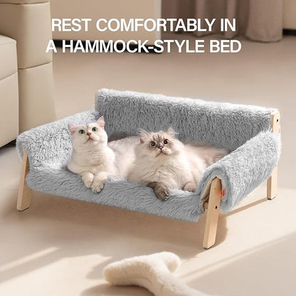 MEWOOFUN Cat Couch Bed, Pet Sofa for Indoor Cats Wooden Indoor Elevated Cat Beds with Removable Mattress Cover Suitable for Kitty, Puppy or Small Animal (Grey, Large)