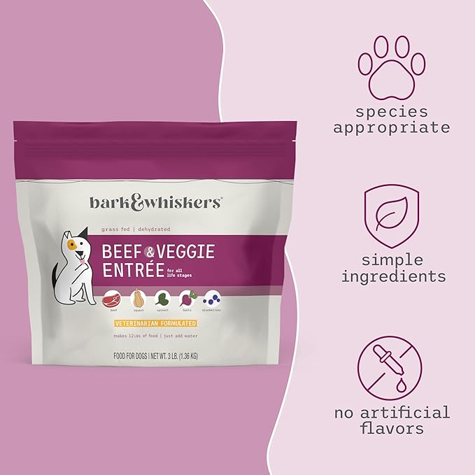 Bark & Whiskers Dehydrated Beef and Veggie Entrée, 3 lb., Makes 12 lbs. of Food for Dogs, Digestive Support, Vet Formulated, Non-GMO, Dr. Mercola