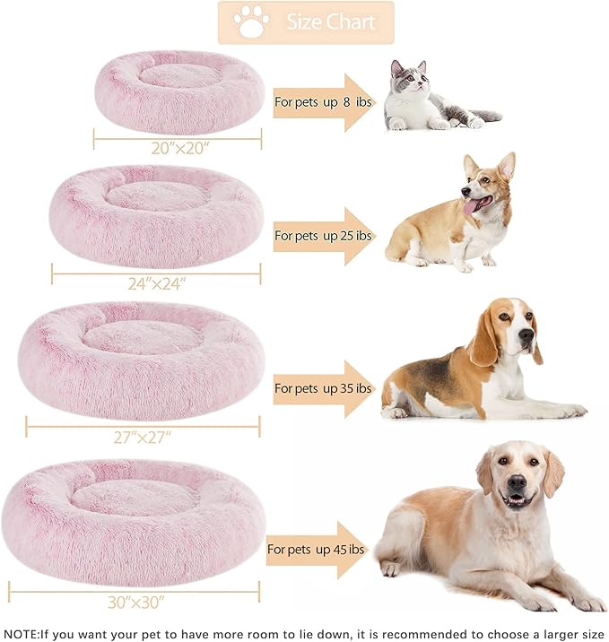 WNPETHOME Calming Dog Bed Cat Bed Donut, Faux Fur Pet Bed Self-Warming Donut Cuddler, Comfortable Round Plush Dog Beds (20 x 20 x 8 Inch, Light Pink)