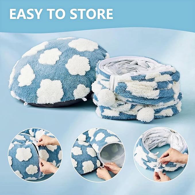 Cat Tunnel Bed with Washable Cushion for Indoor Cat, Donut Cave Tube Toys for Kitten Puppy Rabbit, Blue