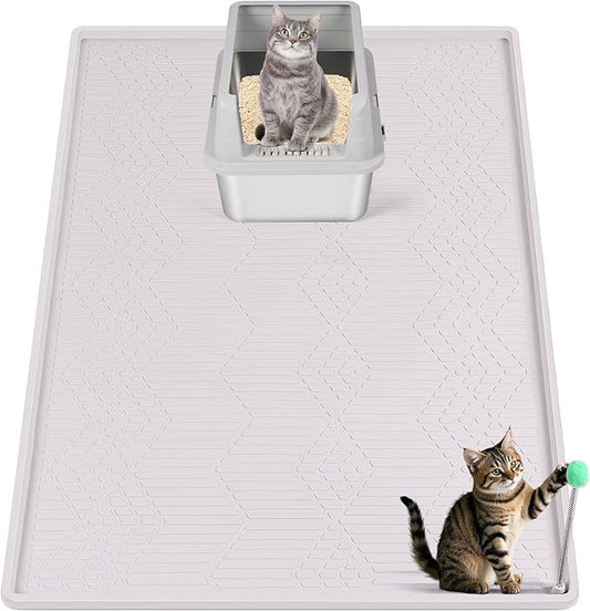 Large Cat Litter Mat with Toy Ball, 34'' x 22'' Silicone Cat Litter Trapping Mat for Scatter Control, Soft on Kitty Paws, Easy to Clean (White)