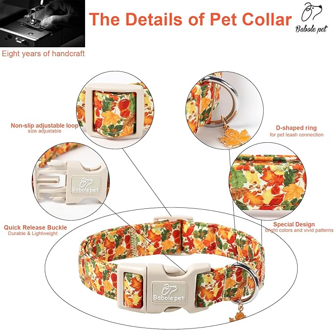 Fall Dog Collar Cute Autumn Leaves Puppy Collar - Light Comfortable Adjustable Pet Collars for Small Medium Large Girl Boy Dogs M
