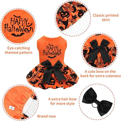 CuteBone Halloween Dog Dresses Velvet Holiday Small Dogs Clothes Onesie Pet Apparel Girl Puppy Skirt with Bow Hair Rope CVA57XS-D