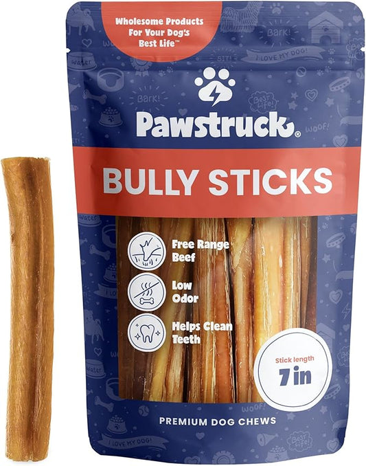 Pawstruck All-Natural 7" Bully Sticks for Dogs - Long Lasting, Rawhide-Free, Low Odor & Grain-Free Dental Chew Treat - Healthy Single Ingredient, 100% Real Beef - 1 lb Bag
