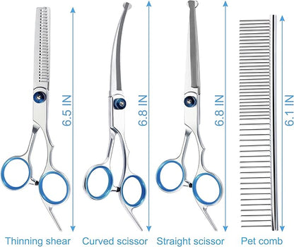 5 in 1 Premium Dog Grooming Scissors, Professional Dog Scissors for Grooming with Safety Round Tips, Lengnoyp Stainless Steel Thinning Shears, Pet Cat Shears for Grooming Kit