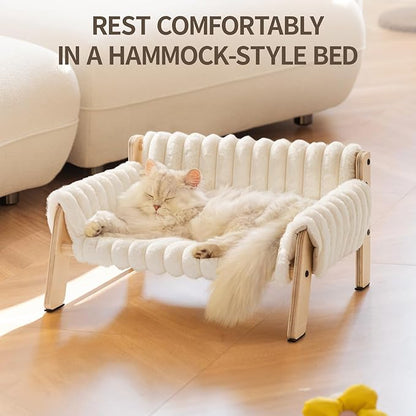 MEWOOFUN Cat Couch Bed, Pet Sofa for Indoor Cats Wooden Indoor Elevated Cat Beds with Removable Mattress Cover Suitable for Kitty, Puppy or Small Animal (Cream, Medium)