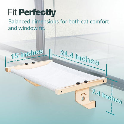 Cat Cuddles Adjustable Wooden Cat Window Perch - Sill-Mounted Cat Hammock Bed & Sturdy Window Seat for Large & Indoor Cats - Tool-Free Install, Washable Cushion