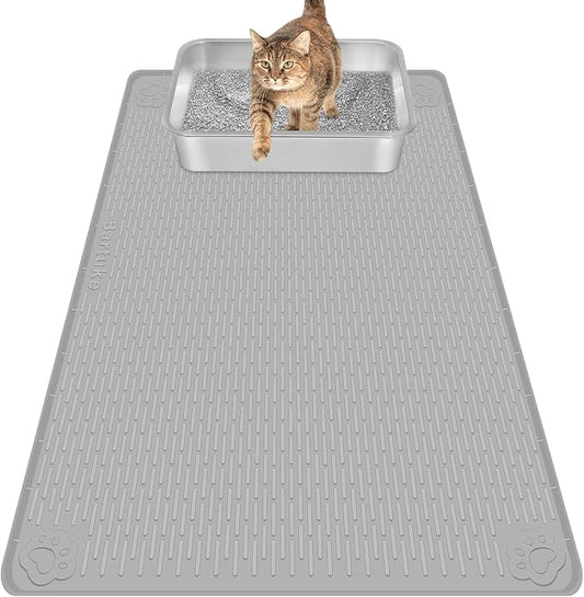 Cat Litter Mat, Extra Large 34" x 22" Silicone Mat Litter Trapping Mat for Scatter Control, Soft on Kitty Paws, Easy to Clean (Light Grey)