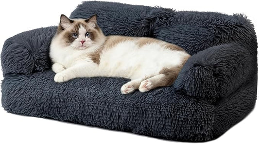 Plush Cat Couch Bed - Cat Bed for Indoor Cats, Dog Sofa Bed, Long Plush Calming Pet Couch with Removable Cover, Anti-Anxiety Pet Sofa for Small/Medium Pets (26×18×12in, Dark Gray)