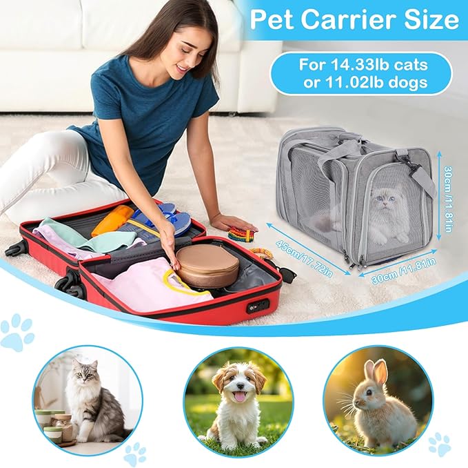 Cat Carrier Soft, Collapsible Cat Bag Carrier, TSA Airline Approved Pet Carrier for Cats with Removable Mat, Breathable Pet Travel Carrier for Small Medium Adult Pussy & Small Dogs (Grey)