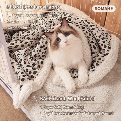 Cat Blankets for Indoor Cats Super Soft Plush Faux Fur Kitten Blankets Machine Washable Reversible Pet Throw Protector for Couch Furniture Leopard Print Blanket 28"X 22" in Green