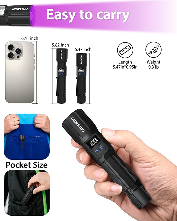 Black Light Flashlight, UV Light USB C Rechargeable with LCD Display, Zoomable Woods Lamp 2N1, 395NM Blacklight for Pet Urine Detection, Resin Curing, Rocks, Travel, Minerals, Scorpion, Glass, Leak