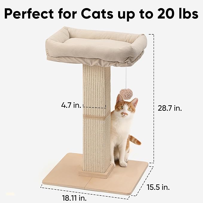 FUKUMARU Cat Scratching Post, Modern Style Tall Scratch Posts with Perch for Infoor Cats Adults, Large Cat Scratcher Tower with Bed, Small Tree with Raised Stand, Natural Sisal & Solid Wood