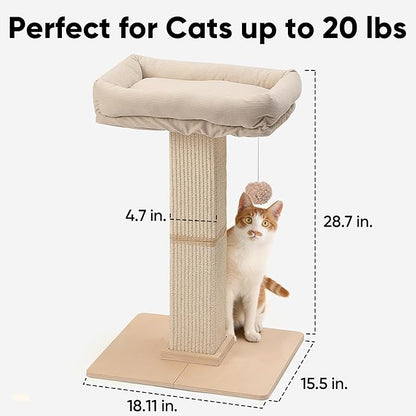 FUKUMARU Cat Scratching Post, Modern Style Tall Scratch Posts with Perch for Infoor Cats Adults, Large Cat Scratcher Tower with Bed, Small Tree with Raised Stand, Natural Sisal & Solid Wood