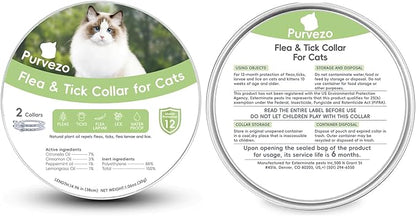 Flea and Tick Collar for Cats,12-Month Protection, Natural Ingredients, Waterproof & Adjustable,Includes Flea Comb & Tick Removal Tool,2 Pack
