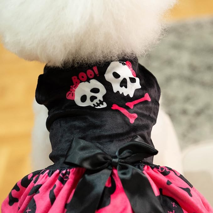 CuteBone Halloween Skulls Dog Dress Velvet for Small Dogs Girl Puppy Dresses Pink Dog Clothes CVA02M-D