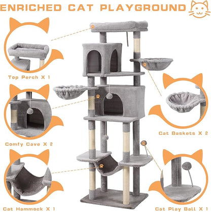 70-Inch Cat Tree,Large Cat Tree Tower with Hammock, Scratching Post, Condo and Multi-Level Cat Tower for Large Cats, Cat Activity Center Playhouse, Light Gray LCT016