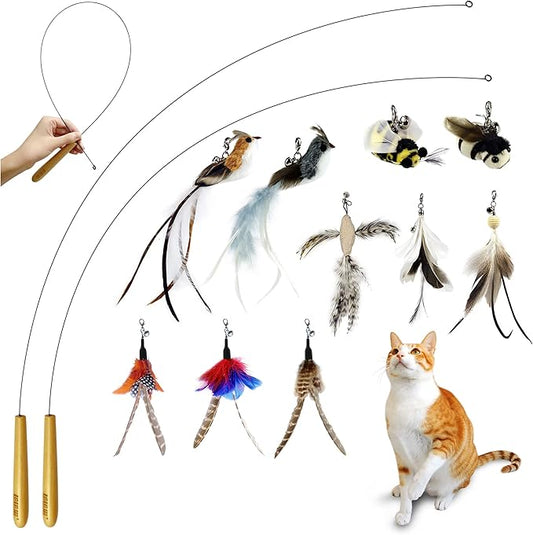 TTcat Interactive Bird & Insect Simulation Cat Toy Set 10 Pcs Feather Refills & 2 Pcs Cat Wand Toy, 29'' Flexible Steel Wire, Sturdy Wood Handle & Bell, for Indoor Kittens.