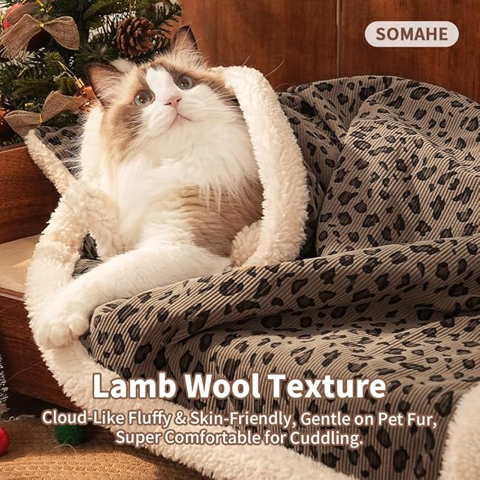 Cat Blankets for Indoor Cats Super Soft Plush Faux Fur Kitten Blankets Machine Washable Reversible Pet Throw Protector for Couch Furniture Leopard Print Blanket 28"X 22" in Brown