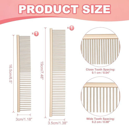 Dog Cat Comb, Pet Combs Stainless Steel Teeth with Rounded Ends for Knots Mats Loose Hair Removal, 6.5/7.5IN (Gold Coated, 2 Pack), Grooming Tool Intended for Long Curly Hair Pet