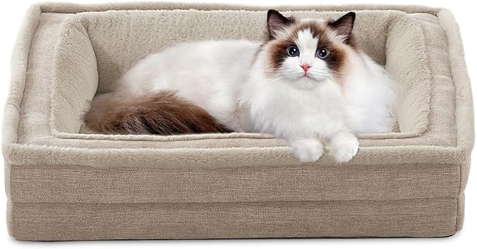 Cat Couch for Pets, Washable Cat Beds for Indoor Cats, Super Soft Plush Supportive Dog Couch Bed for Puppy and Kitten with Anti-Slip Bottom, 24inch, Beige