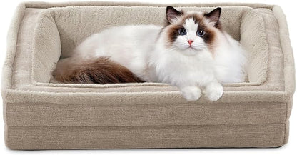 Cat Couch for Pets, Washable Cat Beds for Indoor Cats, Super Soft Plush Supportive Dog Couch Bed for Puppy and Kitten with Anti-Slip Bottom, 24inch, Beige