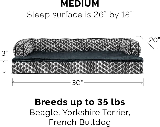 Furhaven Orthopedic Dog Bed for Medium/Small Dogs w/ Removable Bolsters & Washable Cover, For Dogs Up to 35 lbs - Plush & Woven Decor Comfy Couch Sofa - Diamond Gray, Medium
