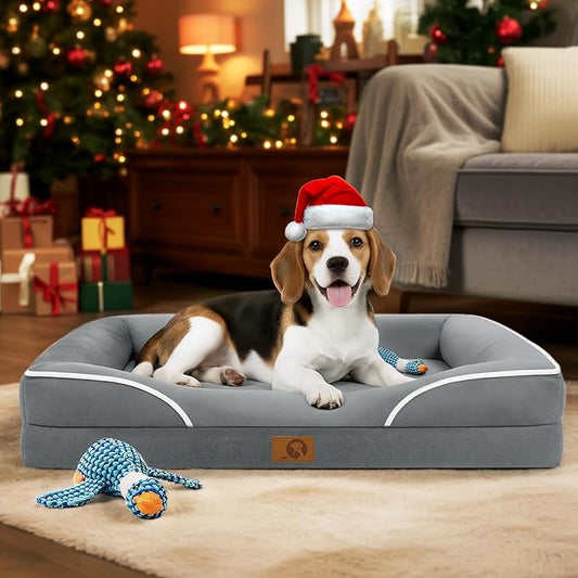 Homemate Dog Bed Medium Size Dog 28x23 inch with Orthopedic Foam Waterproof Outdoor Pet Cat Bed Sofa Supplies with Toy Dogs Crate Pad Couch with Removable Washable Cover & Non-Slip Botton Light Grey