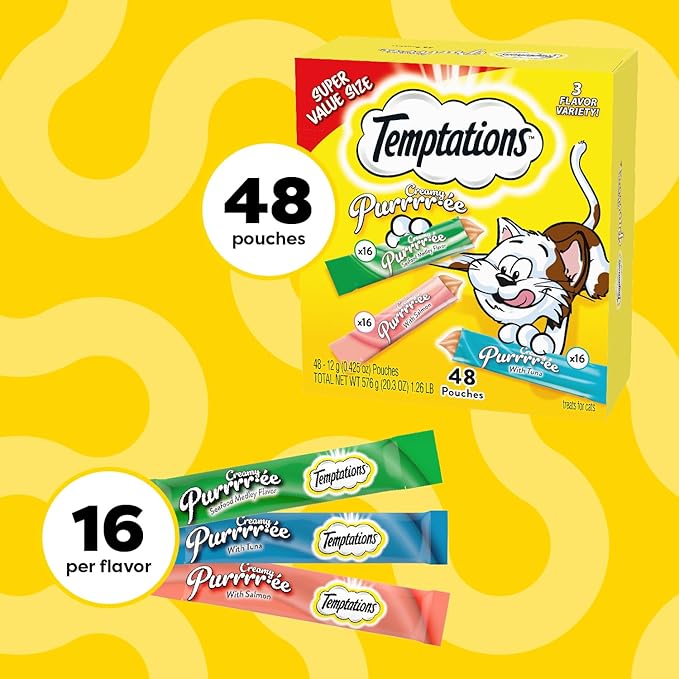 Temptations Creamy Puree Mix-Ups Squeezable Lickable Wet Cat Treats, Tuna Flavor, Salmon Flavor, and Seafood Medley Flavor, 0.42 oz. Tubes, 48 Count