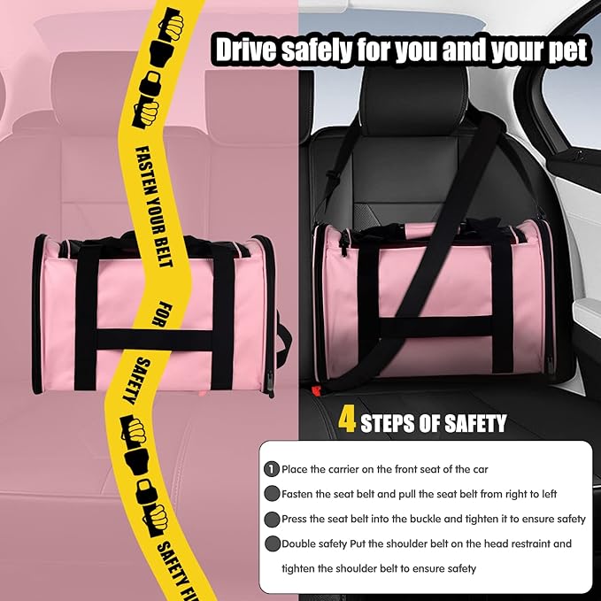 Cat Carrying Case - Pet Carrier Airline Approved, Protable and Breathable Pet Travel Carrier Removable Fleece Pad, Collapsible Cat Carrier Dog Carrier for Medium Cats Small Cats Dogs (Small, Pink)