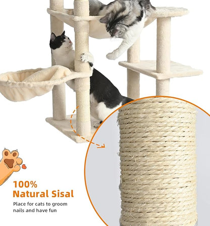 Made4Pets Tall Cat Tree, 71 Inches Cat Tree Tower for Indoor Cats Large Adult, Plush Multi-Level Cat Tower with 5 Scratching Posts, 2 Hammock, Condo and Perch, Big Cat House Indoor, Beige
