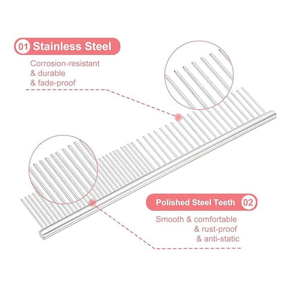 Dog Cat Comb, Pet Combs Stainless Steel Teeth with Rounded Ends for Knots Mats Loose Hair Removal, 6.5IN (Silver, 3 Pack), Grooming Tool Intended for Long Curly Hair Pet