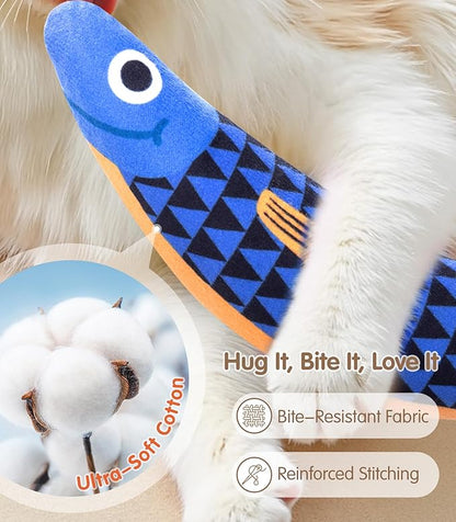 Interactive Cat Toys with [5000mg A+ Natural Catnip &Silvervine] [Baby Grade] Soft Chew Kicker Cat Toys for Indoor Cats & Kittens, Crinkle &Bell Fish Sound Toy, Drives Bored Cats Crazy with Fun,2 Pack