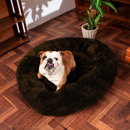 BODISEINT Faux Fur Dog Bed, Shag Round Anti-Anxiety Pet Calming Doughnut Cuddler for Medium Large Puppy Dog Cat Kennel Cushion Self Warming Bed (28'' D x 8'' H, Chocolate)