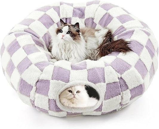 Cat Tunnel Bed with Washable Cushion for Indoor Cat, Donut Cave Tube Toys for Kitten Puppy Rabbit, Purple