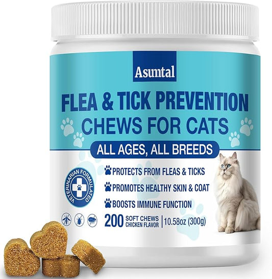 Flea and Tick Prevention for Cats Chewable, Natural Cat Flea Treatment, Oral Kitten Cat Flea & Tick Control, Flea Pills Supplement with Vitamins Support Immune, Skin & Coat, 200 Soft Chews (Chicken)