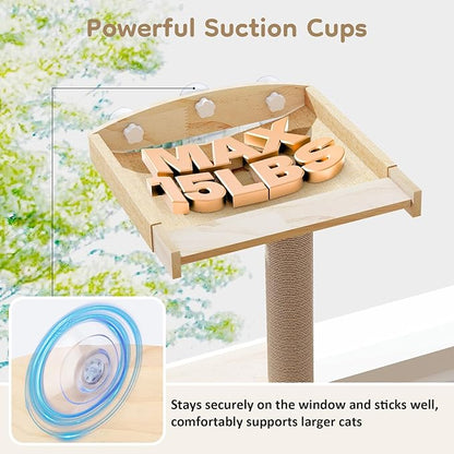 Cat Window Perch with Scratching Post & Step, 47" Adjustable Window Perch for Large Cats, Cat Hammock for Window with Suction Cups, Multi-Level Cat Tree for Climbing, Sunbath, Bird Watching