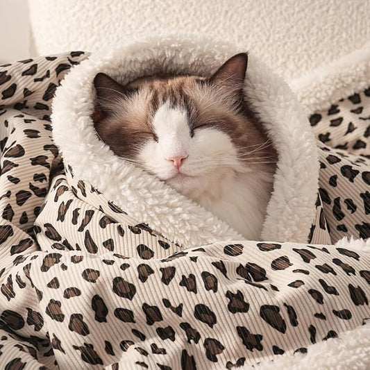 Cat Blankets for Indoor Cats Super Soft Plush Faux Fur Kitten Blankets Machine Washable Reversible Pet Throw Protector for Couch Furniture Leopard Print Blanket 28"X 22" in White