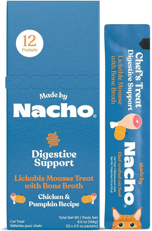 Made by Nacho Digestive Mousse Sachets, Lickable Cat Treats, 12 Count with Bone Broth, 0.5 oz, No Grains, Corn, Wheat or Soy