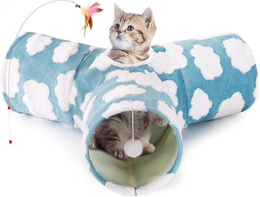 Tempcore Flannel Pet Cat Tunnel Tube Cat Toys 3 Way Collapsible, Cat Tunnels for Indoor Cats, Pet Toys Peek Hole Toy Ball Puppy, Kitty, Kitten, Rabbit, Cloud Blue