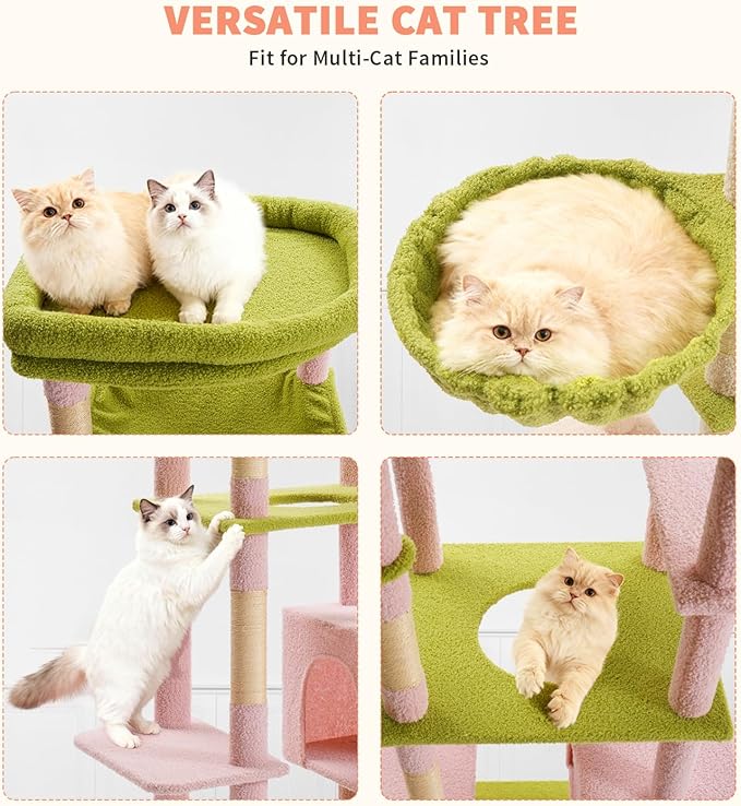 Made4Pets Tall Cat Tree, 71 Inches Cat Tree Tower for Indoor Cats Large Adult, Plush Multi-Level Cat Tower with 5 Scratching Posts, 2 Hammock, Condo and Perch, Big Cat House Indoor, Pink